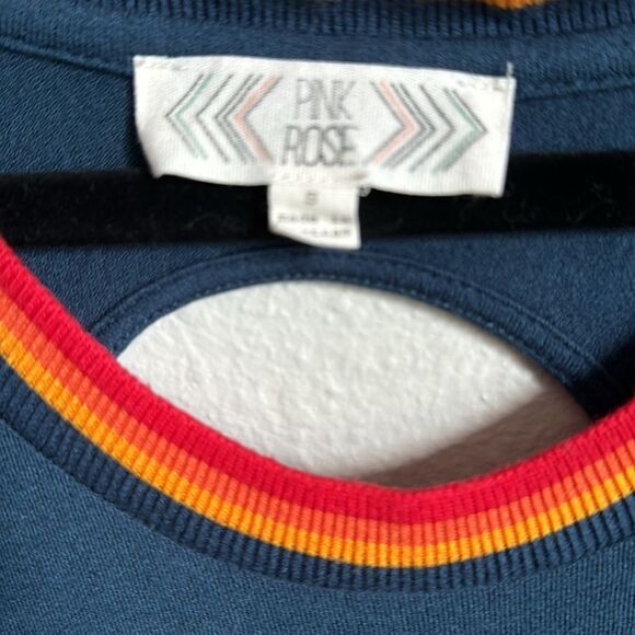 Small, Pink Rose dress, blue, multicolored stripes trim, T-shirt dress - Picture 6 of 8